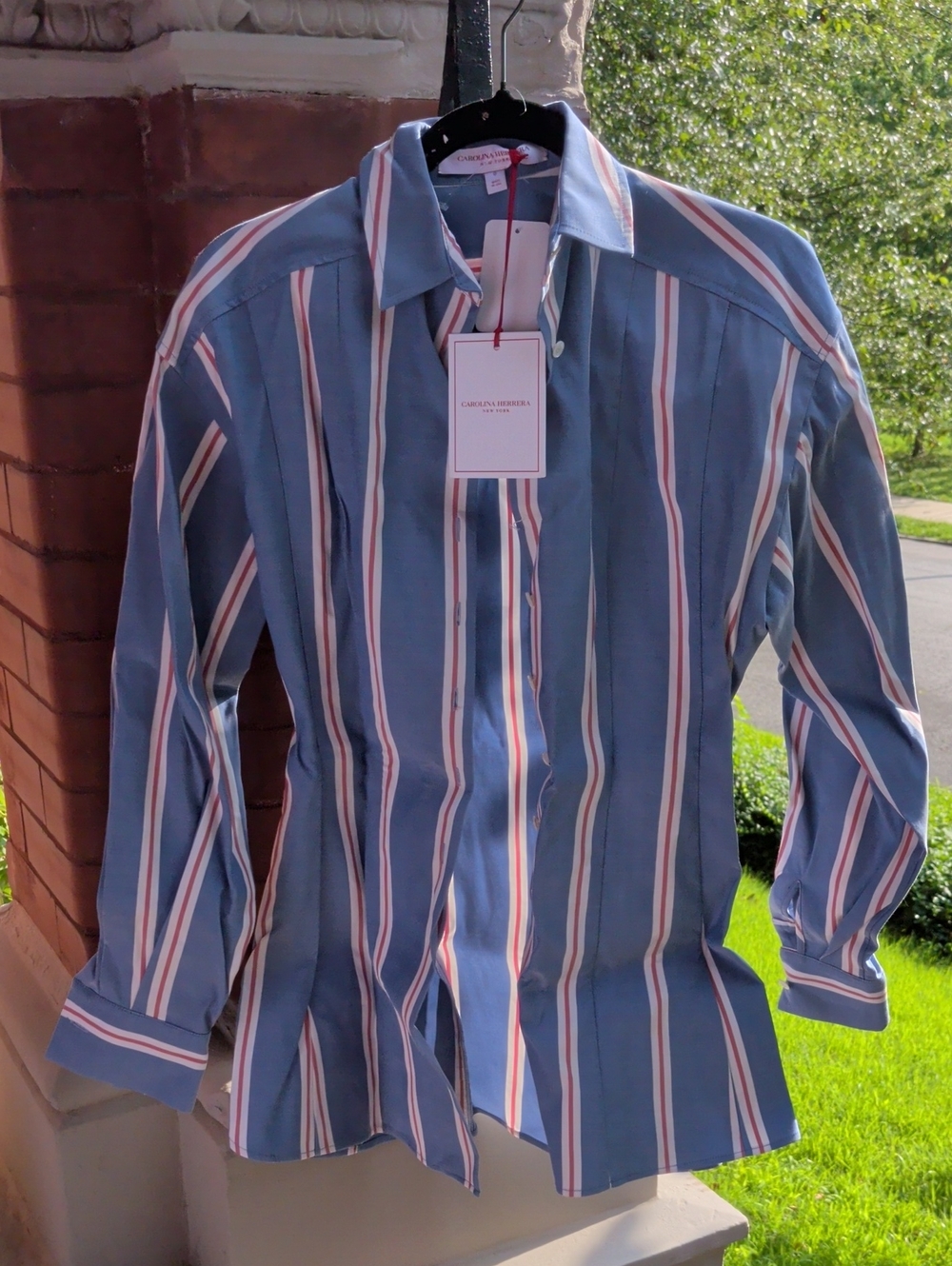 Nwt $1290 Carolina Herrera Blue Button-Down Shirt with White and Red Stripe